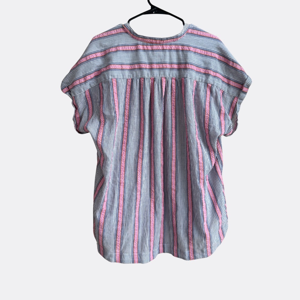 Anthropologie Maeve Stripe Popover Top Short Sleeve Pink Blue 1X Pockets - Picture 2 of 6